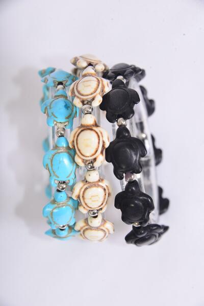 Bracelet Semiprecious Stone Turtle Stretch / 12 pcs = Dozen Stretch , 4 Black , 4 Ivory , 4 Turquoise Asst , Hang Tag & OPP Bag & UPC Code