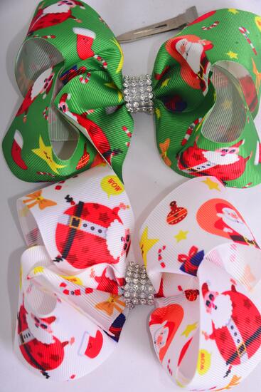 Hair Bow Jumbo Santa W Gifts Grosgrain Bow-tie / 12 pcs Bow = Dozen  Alligator Clip , Size - 6" x 5" Wide , 6 of each Pattern Asst , Clip Strip & UPC Code