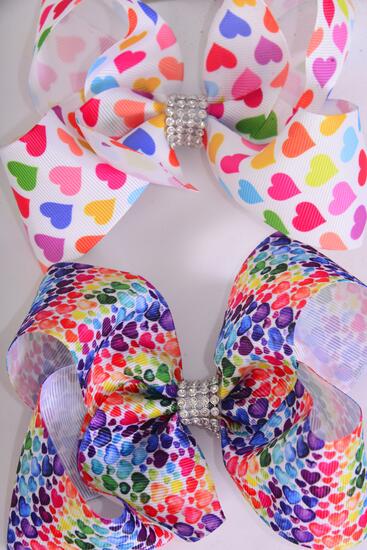 Hair Bow Jumbo Multi Hearts Valentines Grosgrain Bow-tie / 12 pcs Bow = Dozen  Alligator Clip , Bow - 6" x 5" Wide , 6 Of Each Pattern Asst , Clip Strip & UPC Code