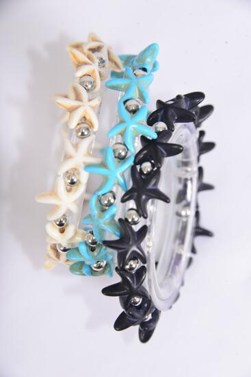 Bracelet Semiprecious Stone Starfish Stretch / 12 pcs = Dozen Stretch , 4 Of each Pattern Asst , Hang Tag and Opp Bag & UPC Code