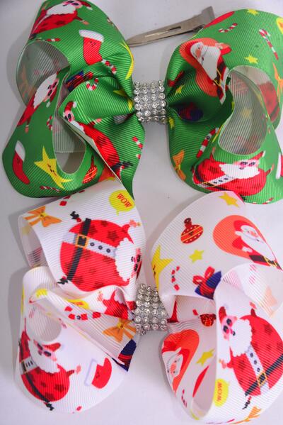 Hair Bow Jumbo Santa W Gifts Grosgrain Bow-tie / 12 pcs Bow = Dozen  Alligator Clip , Size - 6"x 5" Wide , 6 of each Color Asst , Clip Strip & UPC Code
