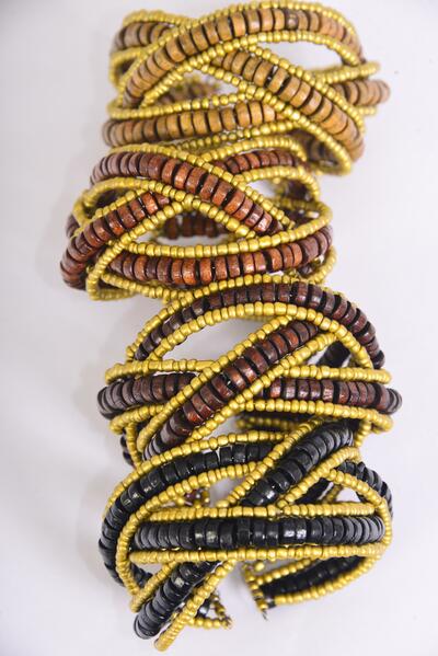 Bracelet Bangle Cuff Bohemian Wooden Beads / 12 pcs = Dozen Flexible , Size - 1.75" Wide , 3 Black , 3 Dark Brown , 3 Medium Brown , 3 Natural Color Asst , Hang tag & OPP Bag & UPC Code