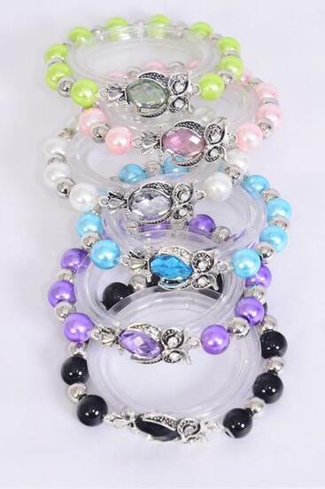 Bracelet Owl Acrylic Stone Pearl Multi / 12 pcs = Dozen  match 03171 Stretch , Owl-1.25"x 0.75" Wide , 2 Of Each Pattern Asst , Hang Tag & OPP Bag & UPC Code