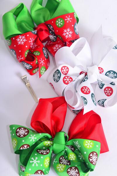 Hair Bow Jumbo Snowflake Bow / 12 pcs Bow = Dozen  Christmas , Alligator Clip , Size - 6" x 5" Wide , 4 of each Pattern Asst , Clip Strip & UPC Code