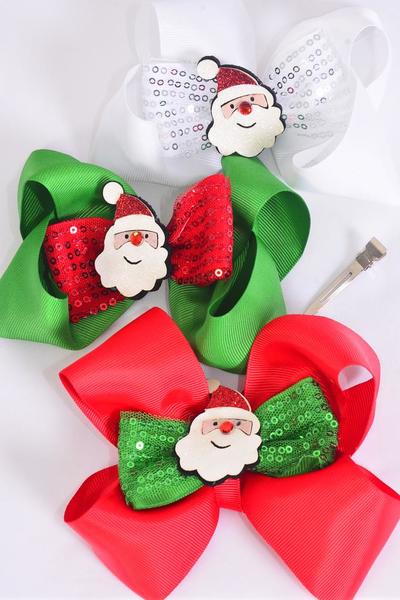 Hair Bow Jumbo Christmas Sequin Double Layered Happy Santa charm  Grosgrain Bow-tie / 12 pcs Bow = Dozen XMAS , Size-6"x 5" Wide , Alligator Clip , 4 of each Color Mix , Clip Strip & UPC Code