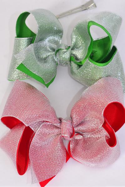 Hair Bow Jumbo Christmas Double Layered Silver Metallic Red Green Mix Grosgrain Bow-tie / 12 pcs Bow = Dozen  Christmas , Size - 6"x 5" Wide , Alligator Clip , 6 of each Pattern Mix , Clip Strip & UPC Code