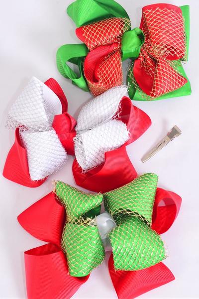 Hair Bow Jumbo Christmas Double Layered Bow Gold Mesh Grosgrain Bow-tie Red White Green Mix / 12 pcs Bow = Dozen Alligator Clip , Size-6"x 5" Wide , 4 Of Each Pattern Asst , Clip Strip & UPC Code