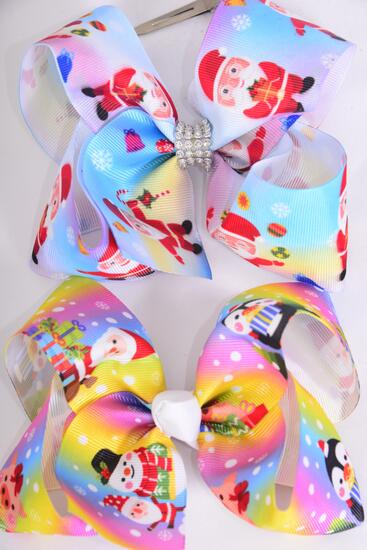 Hair Bow Jumbo Penguin Santa Snow Day Mix Grosgrain Bow-tie / 12 pcs Bow = Dozen Christmas , Alligator Clip , Size - 6" x 5" Wide , 6 Of each Pattern Asst , Clip Strip & UPC Code