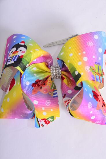 Hair Bow Extra Jumbo Cheer Type Bow Christmas Day Penguin Santa Piggy Snow Day Grosgrain Bow-tie / 12 pcs Bow = Dozen  Christmas , Alligator Clip , Size - 8" x 7" Wide , Clip Strip & UPC Code