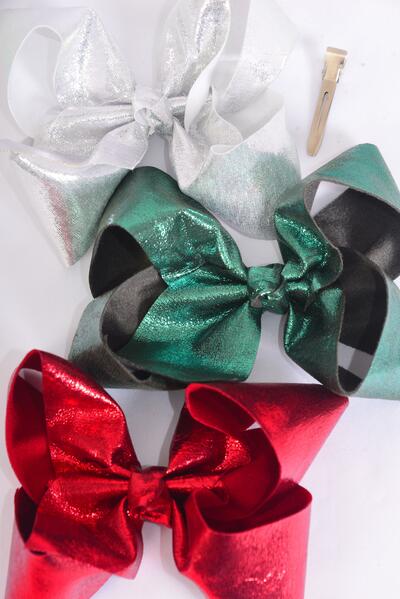 Hair Bow Jumbo XMAS Metallic Grosgrain Bow-tie Red Silver Green Mix / 12 pcs Bow = Dozen Christmas , Alligator Clip , Size - 6"x5" Wide , 4 Of each Pattern Mix , Hang Tag & UPC Code