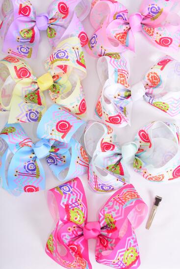 Hair Bow Jumbo Happy Snail Pastel Grosgrain Bow-tie / 12 pcs Bow = Dozen Alligator Clip , Size - 6" x 5" Wide , 2 White , 2 Yellow , 2 Blue , 2 Pink , 2 Lavender , 1 Hot Pink , 1 Mint Color Asst , Clip Strip and UPC Code