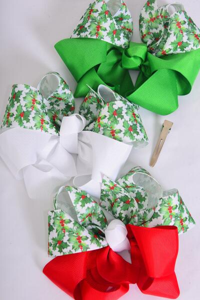 Hair Bow Jumbo Christmas Holly Berries Grosgrain Bowtie Red White Green Mix / 12 pcs Bow = Dozen Xmas , Alligator Clip , Size- 6"x 5" Wide ,4 of each Pattern Asst , Clip Strip & UPC Code