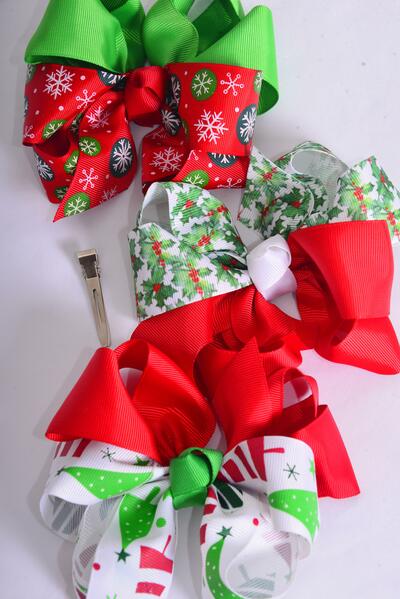 Hair Bow Jumbo Christmas Snowflake Tree Holly Berries Pattern Mix grosgrain Bow-tie / 12 pcs Bow = Dozen Alligator Clip , Size - 6" x 5" Wide , 4 of each Pattern Asst , Clip Strip & UPC Code