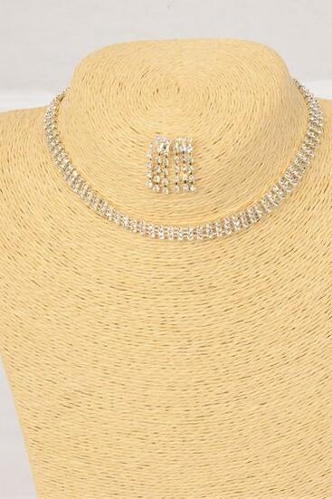 Necklace Sets Silver Choker 3 Layered Rhinestones / Sets Post , Size-16" Extension Chain , Display Card & OPP Bag & UPC Code