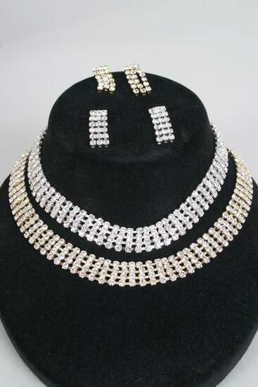 Necklace Sets Gold Choker 4 Layered Rhinestones Post / 12 Sets = Dozen Gold , Post , Size -16" Extension Chain , Display Card & OPP Bag & UPC Code