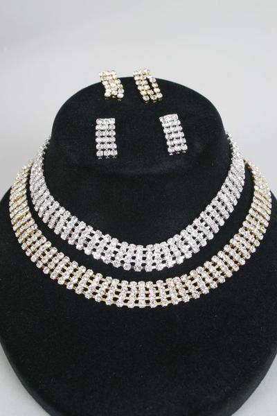 Necklace Sets Gold Choker 4 Layered Rhinestones Post / Sets Gold , Size-16" Extension Chain , Display Card & OPP Bag & UPC Code