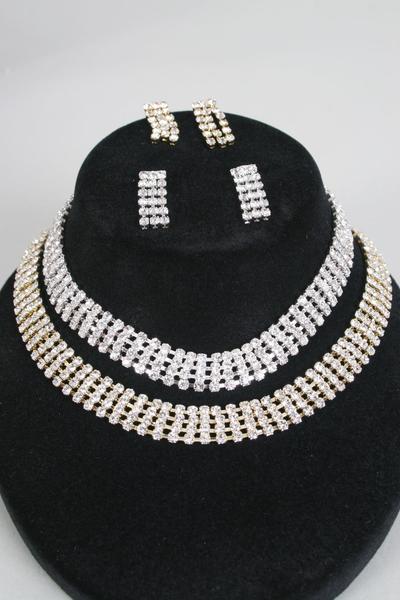 Necklace Sets Gold Choker 4 Layered Rhinestones Post / 12 Sets = Dozen Gold , Post , Size -16" Extension Chain , Display Card & OPP Bag & UPC Code