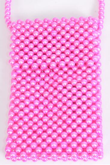 Purse Pearl Bags Women Handbags Ladies Evening Party Shoulder Bag Beaded Messenger Crossbody Bags Phone Purse / PC  Hot Pink , Handmade , Size - 7" x 4.25" Wide , OPP Bag & UPC Code