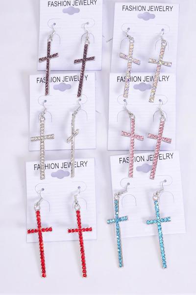 Earrings Metal Cross Silver Color Rhinestones / 12 pair = Dozen Fish Hook , Size-2"x 0.75" Wide , 2 of each Color Asst , Earring Card & OPP Bag & UPC Code