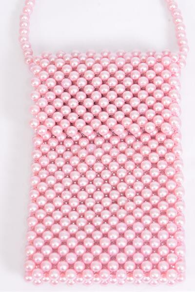 Purse Pearl Bags Women Handbags Ladies Evening Party Shoulder Bag Beaded Messenger Crossbody Bags Phone Purse / PC  Pink , Handmade , Size - 7" x 4.25" Wide , OPP Bag & UPC Code