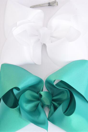 Hair Bow Extra Jumbo Cheer Type Bow Caribbean Green White Color Mix Grosgrain Bow-tie / 12 pcs Bow = Dozen  Alligator Clip , Size - 8" x 7" Wide , 6 Caribbean Green , 6 White Color Asst , Clip Strip & UPC Code