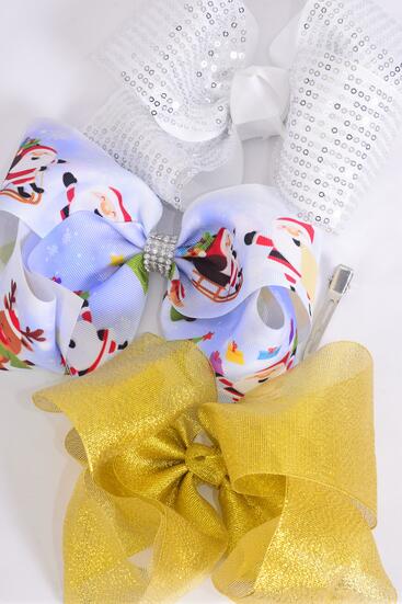 Hair Bow Extra Jumbo Cheer Bow Type Christmas Metallic Gold Sequin Santa Mix / 12 pcs Bow = Dozen Alligator Clip , Size - 8" x 7" Wide , 4 Of Each Pattern Asst , Clip Strip & UPC Code