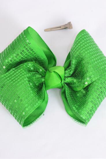 Hair Bow Extra Jumbo Cheer Type Bow Sequin Double Layered Grosgrain Bow-tie Green / 12 pcs Bow = Dozen Green Sequin , Alligator Clip , Size - 8" x 7" Wide , Clip Strip & UPC Code