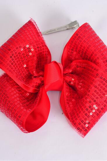 Hair Bow Extra Jumbo Cheer Type Bow Sequin Double Layered Grosgrain Bow-tie Red / 12 pcs Bow = Dozen Size - 8"x 7" Wide , Alligator Clip , Clip Strip & UPC Code