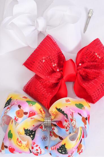 Hair Bow Extra Jumbo Cheer Bow Type Christmas Red Sequin Christmas Day White Bow Asst Grosgrain Bow-tie / 12 pcs Bow = Dozen Christmas , Alligator Clip , Size - 8" x 7" Wide , 4 Of Each Pattern Asst , Clip Strip & UPC Code