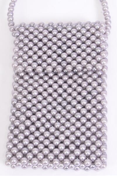 Purse Pearl Bags Women Handbags Ladies Evening Party Shoulder Bag Beaded Messenger Crossbody Bags Phone Purse / PC Gray , Handmade , Size - 7" x 4.25" Wide , OPP Bag & UPC Code