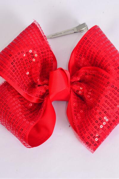 Hair Bow Extra Jumbo Cheer Type Bow Sequin Double Layered Grosgrain Bow-tie Red / 12 pcs Bow = Dozen Red , Size - 8" x 7" Wide , Alligator Clip , Clip Strip & UPC Code