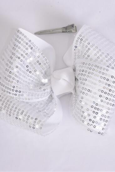 Hair Bow Extra Jumbo Cheer Type Bow Sequin Double Layered Grosgrain Bow-tie White / 12 pcs Bow = Dozen White , Alligator Clip , Size - 8" x 7" Wide , Clip Strip & UPC Code
