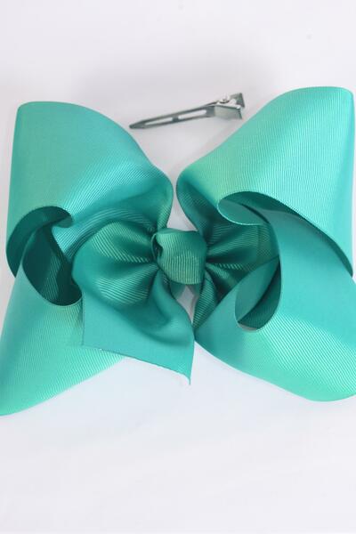 Hair Bow Extra Jumbo Cheer Type Bow Caribbean Green Grosgrain Bow-tie / 12 pcs Bow = Dozen Caribbean Green , Alligator Clip , Size - 8" x 7" Wide , Clip Strip & UPC Code