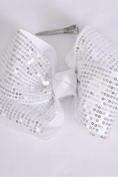 Hair Bow Extra Jumbo Cheer Type Bow Sequin Double Layered Grosgrain Bow-tie White / 12 pcs Bow = Dozen White , Alligator Clip , Size - 8" x 7" Wide , Clip Strip & UPC Code