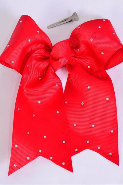 Hair Bow Extra Jumbo Long Tail Cheer Type Bow Red Clear Stone Studded Grosgrain Bow-tie / 12 pcs Bow = Dozen  Red , Alligator Clip , Size - 6.5"x 6" Wide , Clip Strip & UPC Code