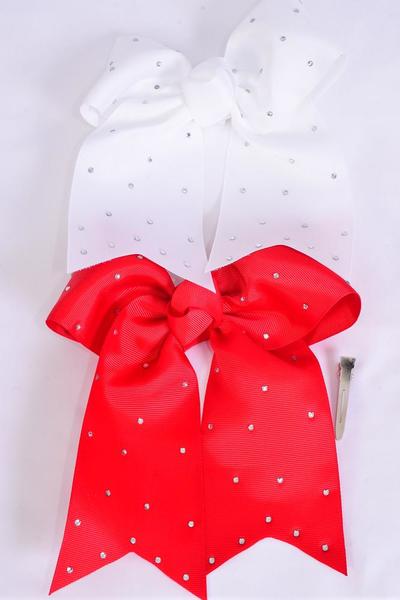 Hair Bow Extra Jumbo Long Tail Cheer Type Bow Red White Mix Clear Stone Studded Grosgrain Bow-tie / 12 pcs Bow = Dozen  Alligator Clip , Size - 6.5" x 6" Wide , 6 Red , 6 White Mix , Clip Strip & UPC Code