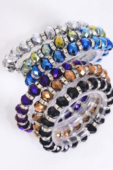 Bracelet Iridescent 10 mm Glass Crystal Stretch Dark Multi / 12 pcs = Dozen Stretch , Dark Multi , 2 of each Color Asst , Hang Tag & Opp Bag & UPC Code