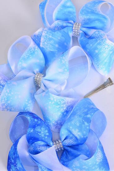 Hair Bow Jumbo Snowflake Grosgrain Bow-tie / 12 pcs Bow = Dozen 12 pcs Bow = Dozen  Snowflake , Alligator Clip , Size - 6" x 5" Wide , 4 Of each Pattern Asst , Clip Strip & UPC Code