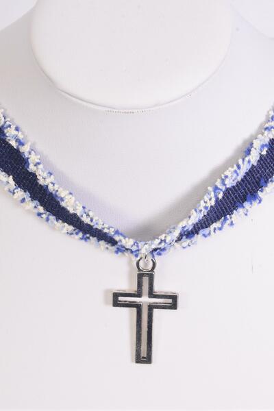 Necklace Choker Denim Cross Pendant / 12 pcs = Dozen Size-14" Extension Chain , Display Card & OPP Bag & UPC Code