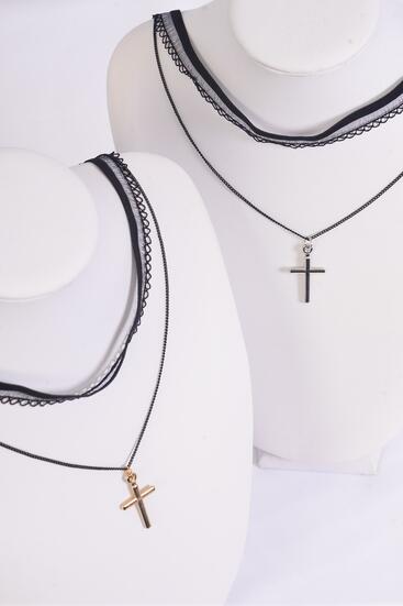Necklace Choker 2 Strand Lace Chain Cross Mix / 12 pcs = Dozen Size - 14" Extension Chain , 6 Gold , 6 Silver Asst , Display Card & OPP Bag & UPC Code