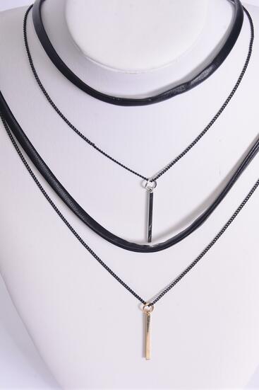 Necklace Choker 2 Strand Leather Feel Chain Accent On Bottom / 12 pcs = Dozen Size - 14" Extension Chain , 6 Gold , 6 Silver Asst , Display Card & OPP Bag & UPC Code