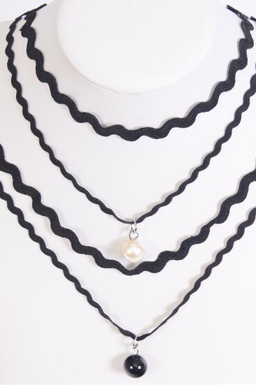 Necklace Choker 2 Strand Black 10 mm Ball Drop / 12 pcs = Dozen Size - 14" Extension Chain , 6 Pearl , 6 Black Asst , Display Card & OPP Bag & UPC Code