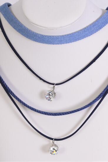 Necklace Choker 2 Strand Denim & Faux Suede Cord 10 mm CZ Cubic Zirconium Pendant / 12 pcs Bow = Dozen Size -14" Extension Chain , 6 of each Color Asst , Display Card & OPP Bag & UPC Code