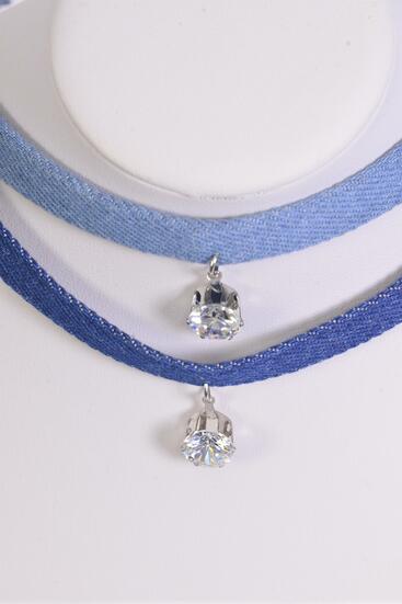 Necklace Choker Denim CZ Cubic Zirconium Pendant / 12 pcs = Dozen Size - 14" Extension Chain , 6 of each Color Asst , Card & OPP Bag & UPC Code