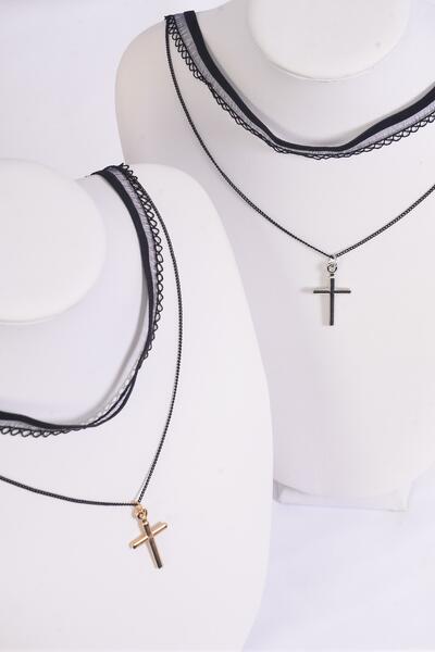 Necklace Choker 2 Strand Lace Chain Cross Mix / 12 pcs = Dozen Size - 14" Extension Chain , 6 Gold , 6 Silver Asst , Display Card & OPP Bag & UPC Code
