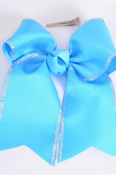 Hair Bow Extra Jumbo Long Tail Cheer Bow Type Sequin Trim Grosgrain Bow-tie Turquoise / 12 pcs Bow = Dozen  Alligator Clip , Size - 6.5" x 6" Wide , Clip Strip & UPC Code