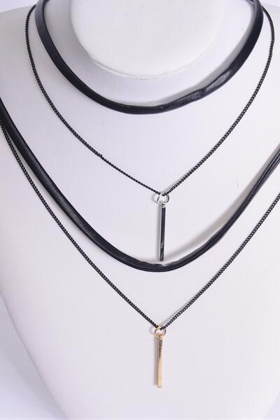Necklace Choker 2 Strand Leather Feel Chain Accent On Bottom / 12 pcs = Dozen Size - 14" Extension Chain , 6 Gold , 6 Silver Asst , Display Card & OPP Bag & UPC Code