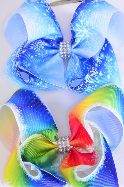 Hair Bow Jumbo Snowflake Grosgrain Bow-tie / 12 pcs Bow = Dozen  Alligator Clip , Size - 6" x 5" Wide , 6 Of each Pattern Asst , Clip Strip & UPC Code