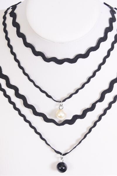 Necklace Choker 2 Strand Black 10 mm Ball Drop / 12 pcs = Dozen Size - 14" Extension Chain , 6 Pearl , 6 Black Asst , Display Card & OPP Bag & UPC Code