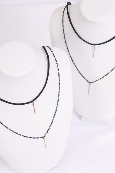 Necklace Black 2 Strand Faux Suede Cord Choker & Chain Metal Accent On Bottom / 12 pcs = Dozen Size - 14" Extenstion Chain , 6 Gold , 6 Silver Color Asst , Display Card & OPP Bag & UPC Code
